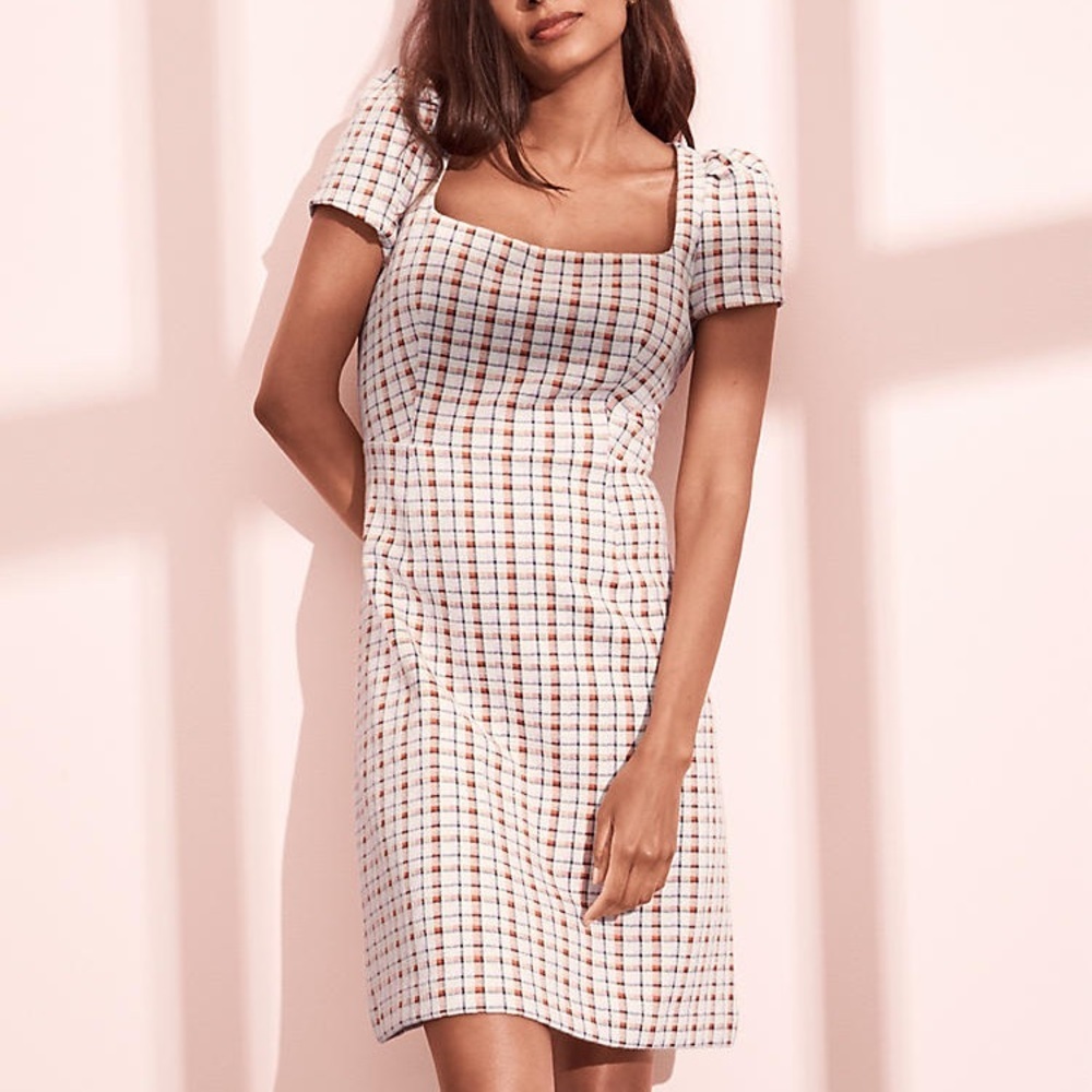 ANN TAYLOR Madras Plaid Puff Sleeve Flare Dress Orange Pink SZ 4 Work Party Mini